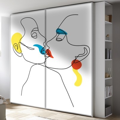 Φιλί ζευγαριού με χρώματα, Line Art, Αυτοκόλλητα ντουλάπας, 100 x 100 εκ. (45548)